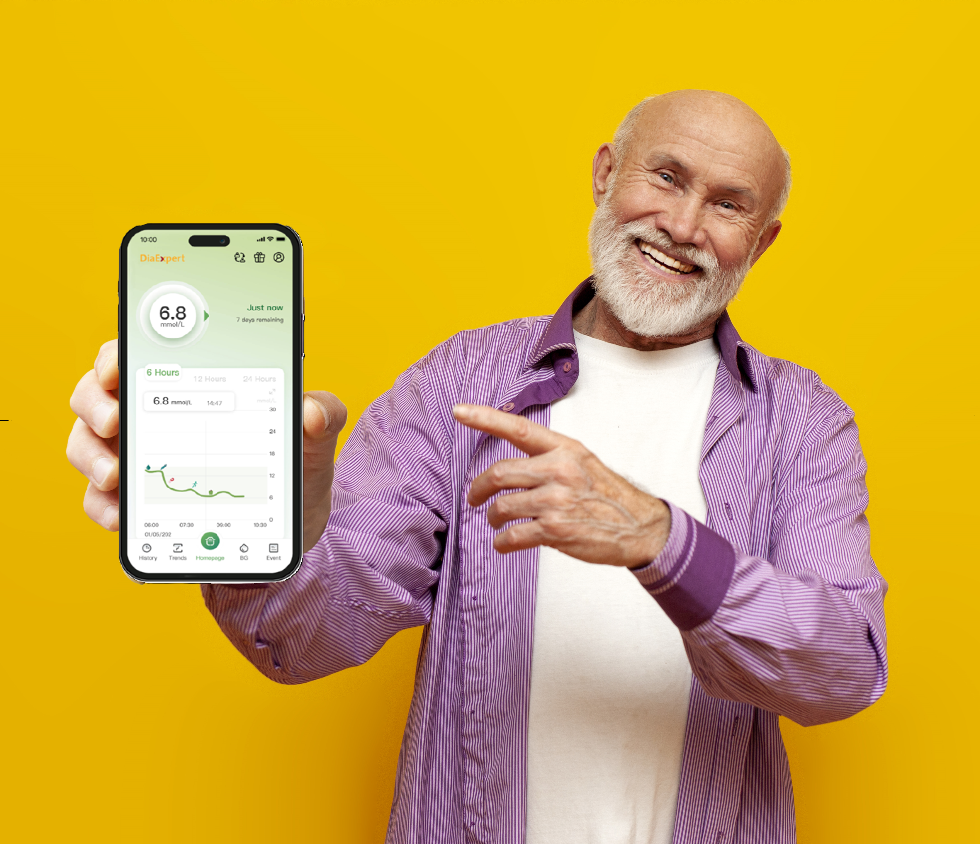 DiaExpert bald man showing phone